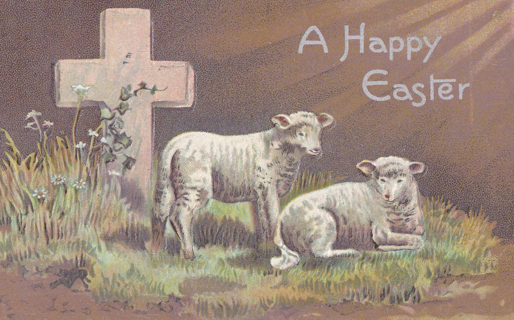 Easter Lambs- 1900s Antique Postcard- Edwardian Easter- Seasonal Spring- Easter Cross Card- Series C- Used