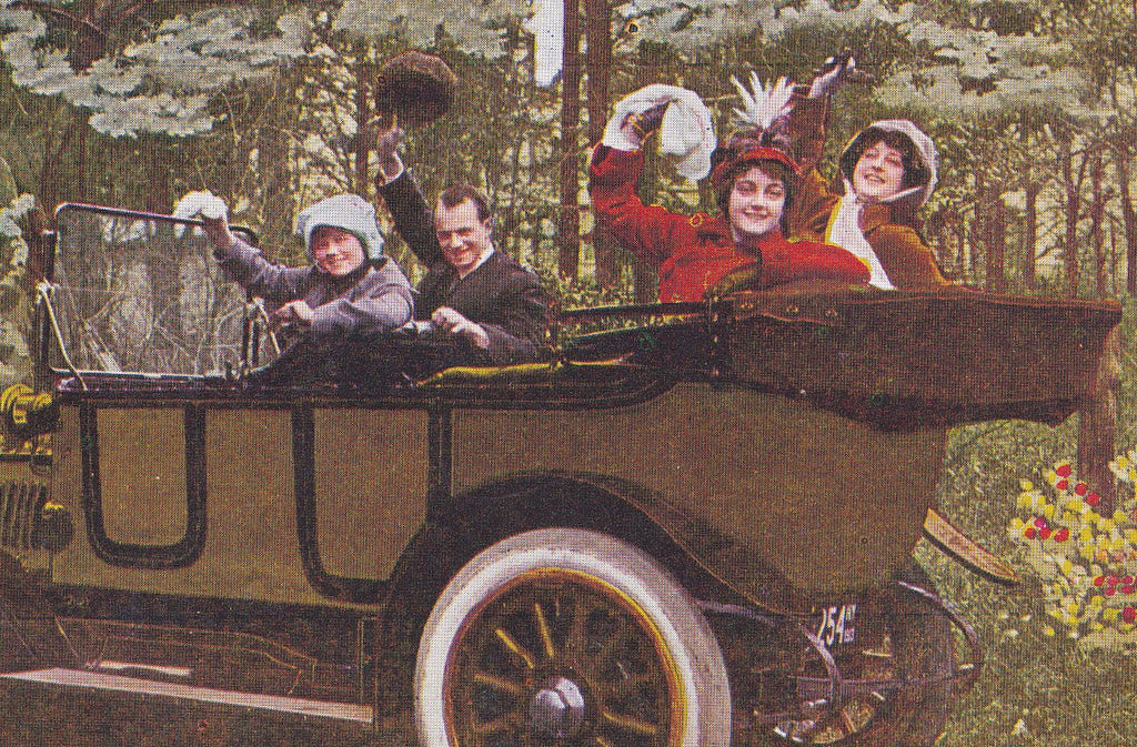We Are Always On the Run- 1910s Antique Postcard- Convertible Automobile- Edwardian Motorists-  S Bergman- Used