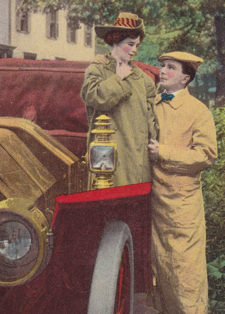 His Auto Belle- 1900s Antique Postcard- Automobile Art Comic- Clutch Pun- Edwardian Romance- Julius Bien Co.- Auto Series- Used