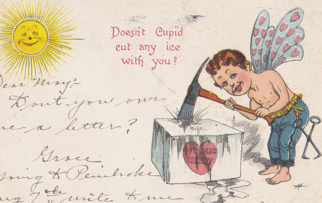 Doesn't Cupid Cut Any Ice With You- 1900s Antique Postcard- Ice Breaker- Frozen Heart- Edwardian Valentine- Art Comic- Used