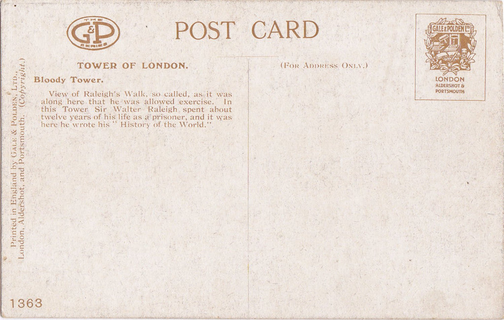 Bloody Tower- 1910s Antique Postcard- Raleigh's Walk, Tower of London, England- Historical Souvenir- Gale & Polden Ltd