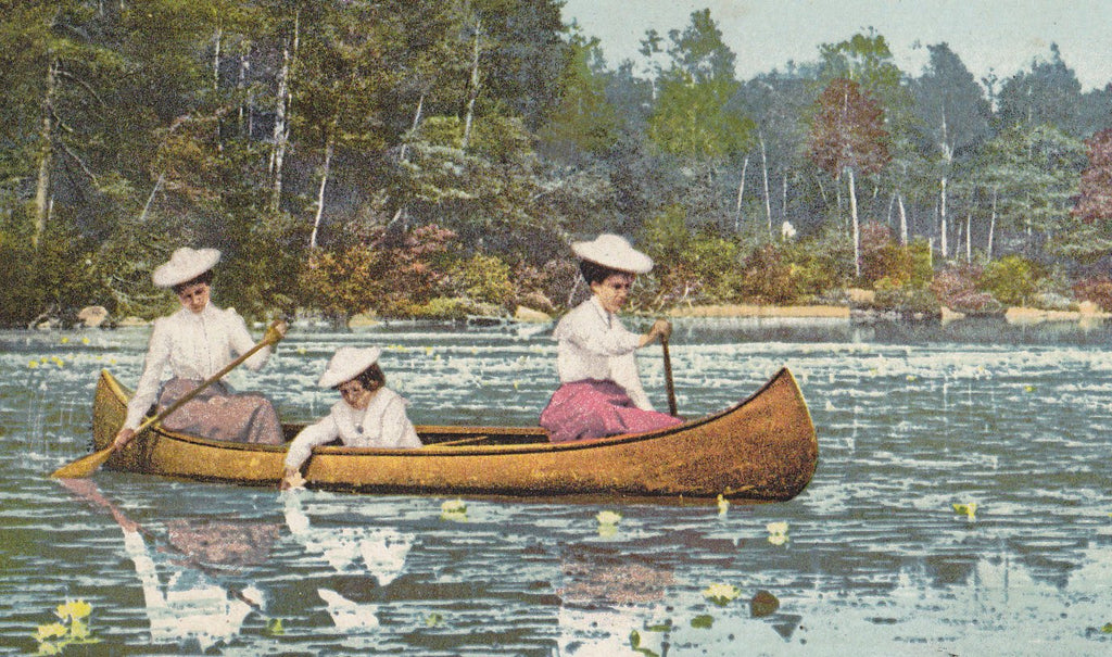A Lily Pond- 1900s Antique Postcard- Rowing Canoe- Spring-Time- Edwardian Women- Rowboat- Detroit Photographic Co.- Used