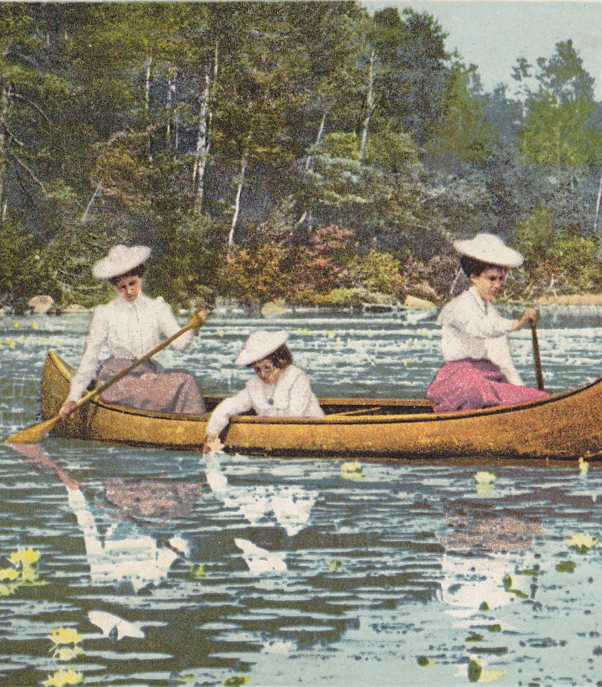 A Lily Pond- 1900s Antique Postcard- Rowing Canoe- Spring-Time- Edwardian Women- Rowboat- Detroit Photographic Co.- Used