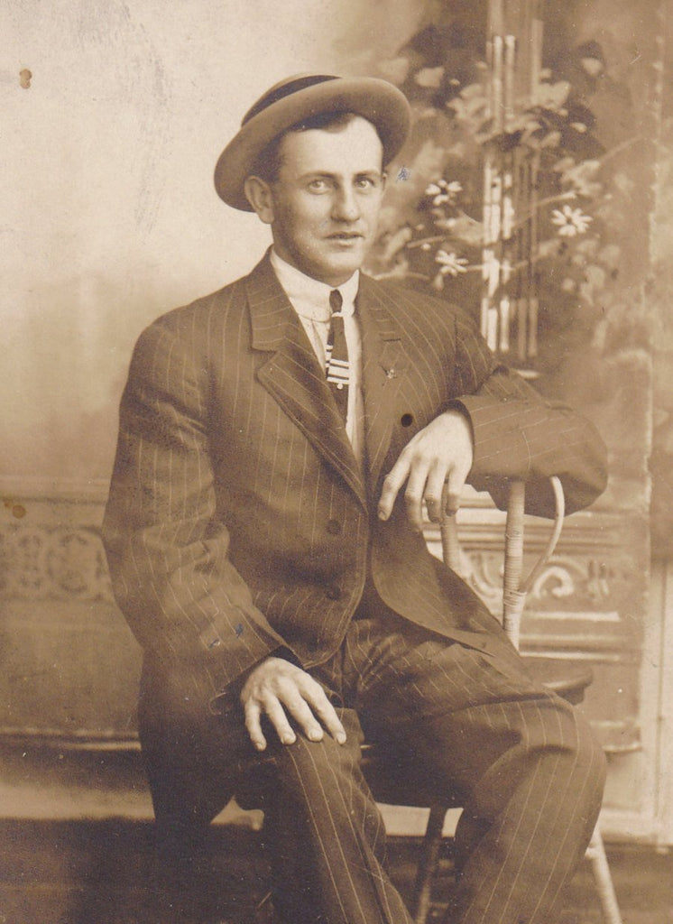 Here I Am- 1900s Antique Photograph- Edwardian Dandy- Handsome Man- Felt Boater Hat- Haslett, Mich- Real Photo Postcard RPPC- Photographer F. W. French