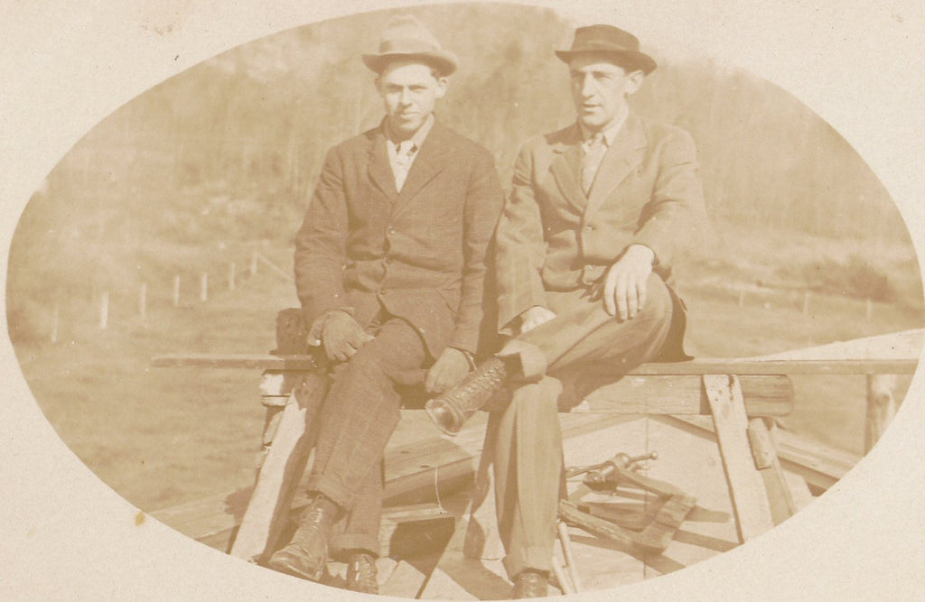 Pair of Jacks- 1900s Antique Photograph- Edwardian Men- Dandy Man- Construction- Vernacular- Real Photo Postcard- AZO RPPC