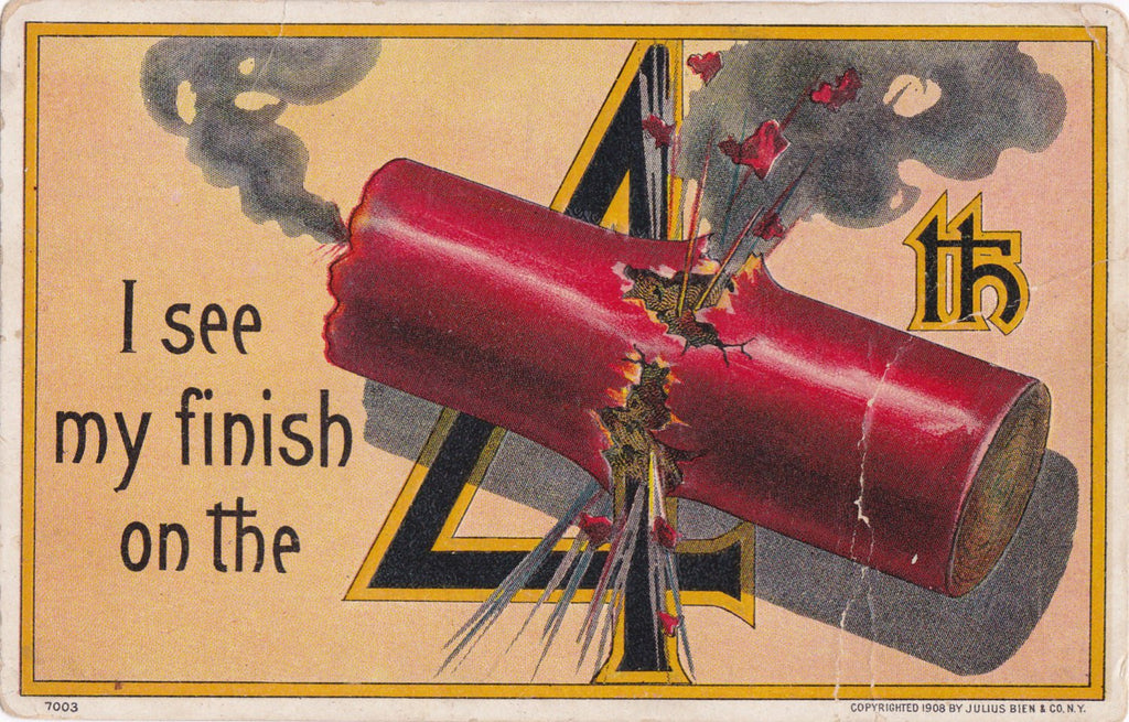 I See My Finish- 1900s Antique Postcard- 4th of July- Firecracker- Fireworks- Edwardian Decor- Julius Bien Co- Used