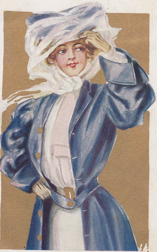 Edwardian Auto Beauty- 1900s Antique Postcard- Duster Coat- Driving Hat- Automobile Driver- Lady Motorist Art- Used