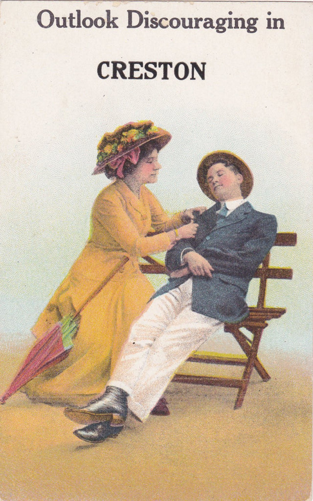 In Creston, Iowa- 1900s Antique Postcards- SET of 3- Edwardian Romance- Souvenir Greeting- Art Humor- Put Me To Sleep- A. A. Co.- Used