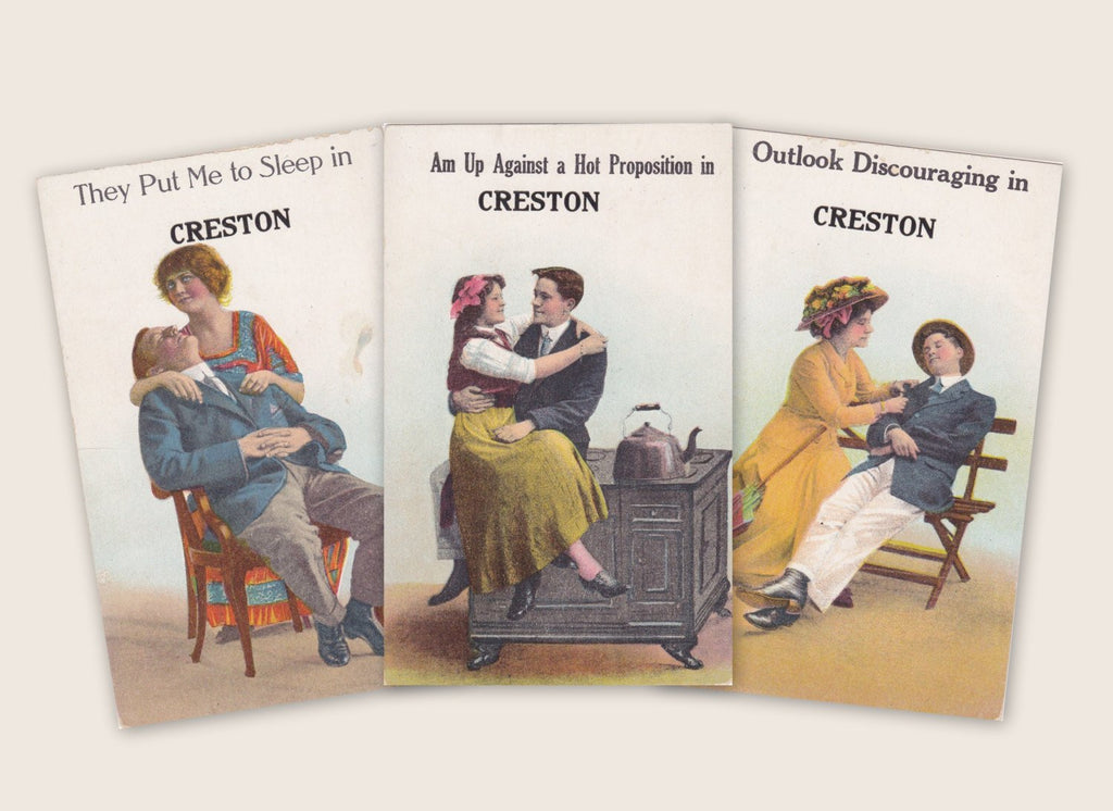 In Creston, Iowa- 1900s Antique Postcards- SET of 3- Edwardian Romance- Souvenir Greeting- Art Humor- Put Me To Sleep- A. A. Co.- Used