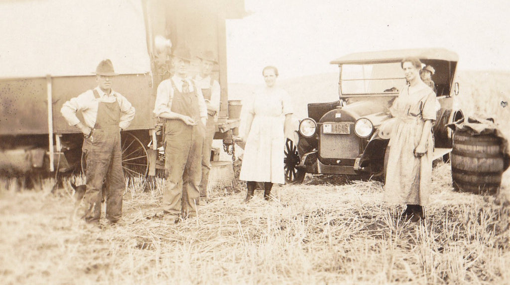 Edwardian Caravan- 1910s Antique Photograph- Farmers in Overalls- Automobile- Farm Family- Real Photo Postcard- RPPC- Paper Ephemera