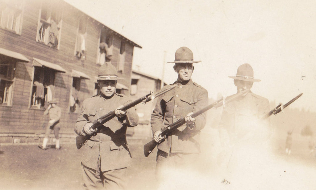 Fog of War- 1900s Antique Photograph- WWI Soldiers- Rifle Bayonets- Military Base- First World War- Real Photo Postcard- AZO RPPC