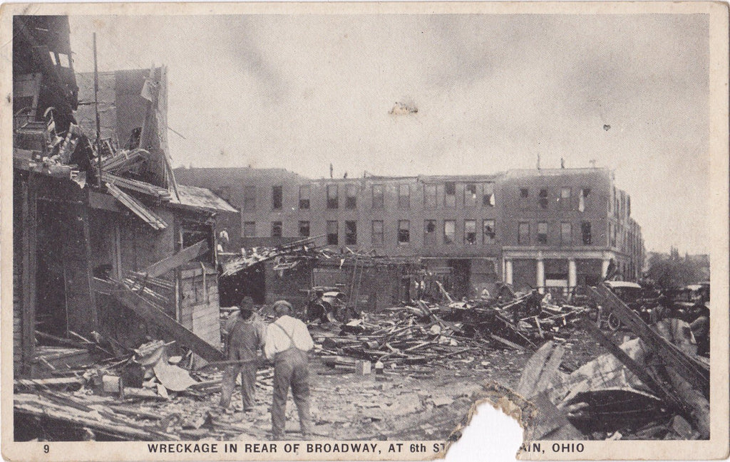 Wreckage at Broadway- 1920s Antique Postcard- Tornado Aftermath- Lorain, Ohio- Natural Disaster- June 28, 1924- H H Hamm