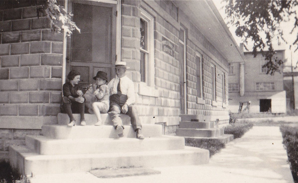 Uncle Charlie's Office- 1920s Antique Photograph- Man and Children- Found Photo- Vintage Snapshot- Vernacular- Panama Hat