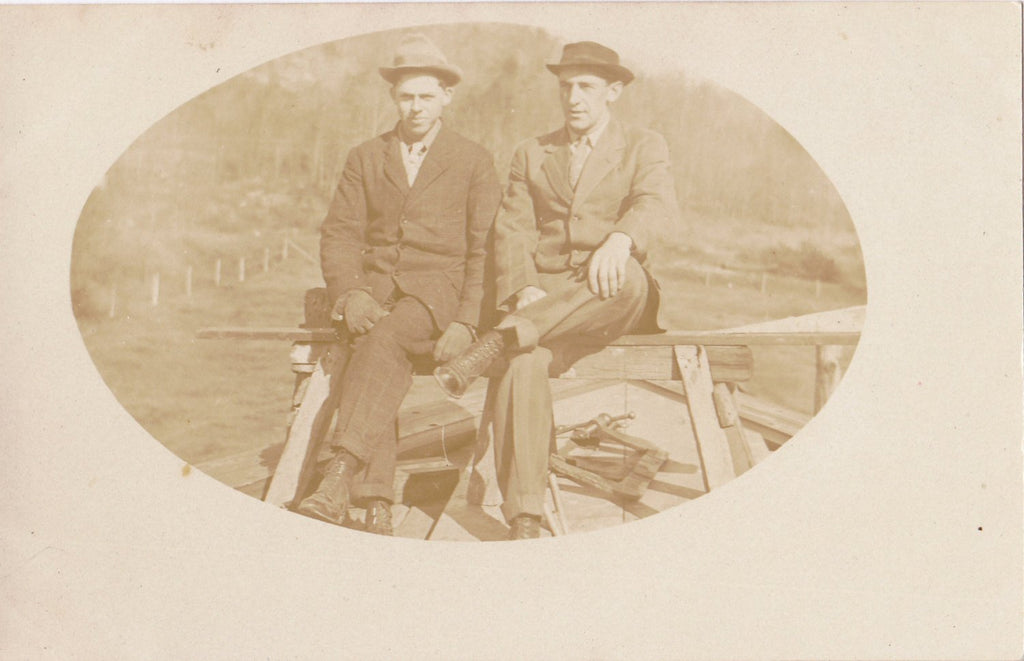 Pair of Jacks- 1900s Antique Photograph- Edwardian Men- Dandy Man- Construction- Vernacular- Real Photo Postcard- AZO RPPC