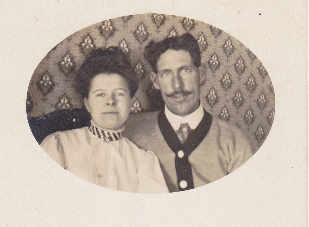 Edwardian Couple- 1900s Antique Photograph- Wall Paper Pattern- Waxed Mustache- Found Photo- Real Photo Postcard- Cyko RPPC- Paper Ephemera