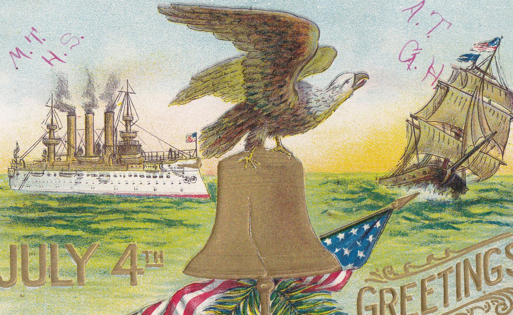 July 4th Greetings- 1900s Antique Postcard- Bald Eagle- Liberty Bell- American Flag- Steamship- Frigate- Edwardian Decor- Used